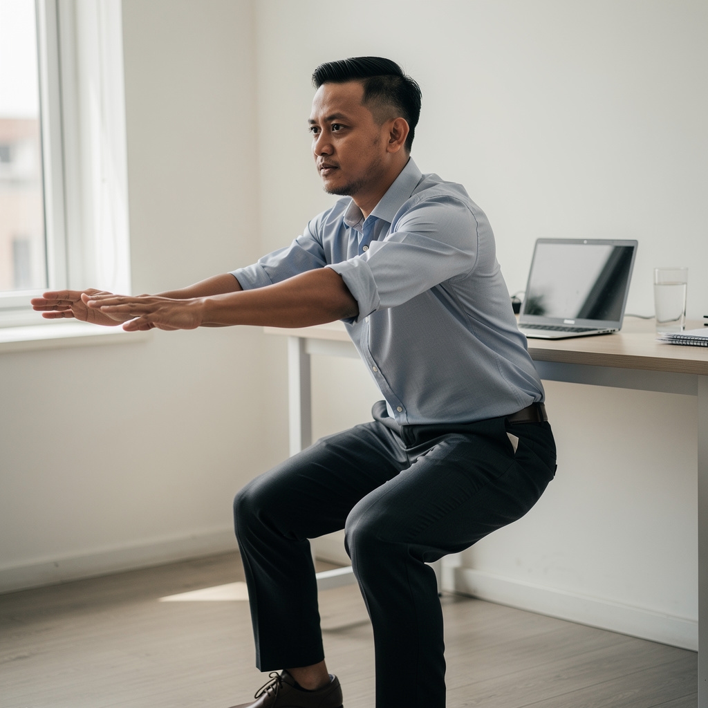 A young Indonesian professional in smart casual clothing performing a bodyweight exercise in a small office space during a break between meetings