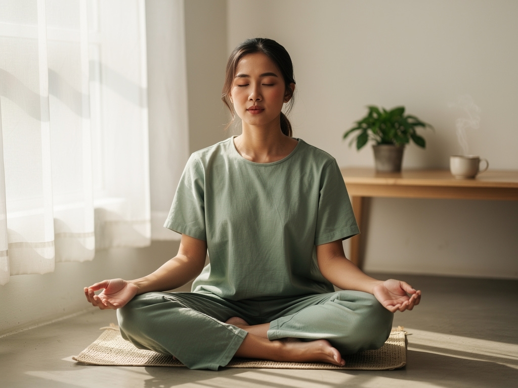 A young Indonesian woman seated cross-legged on a simple mat near a window, eyes closed, hands resting on knees, practising a breathing exercise in soft morning light