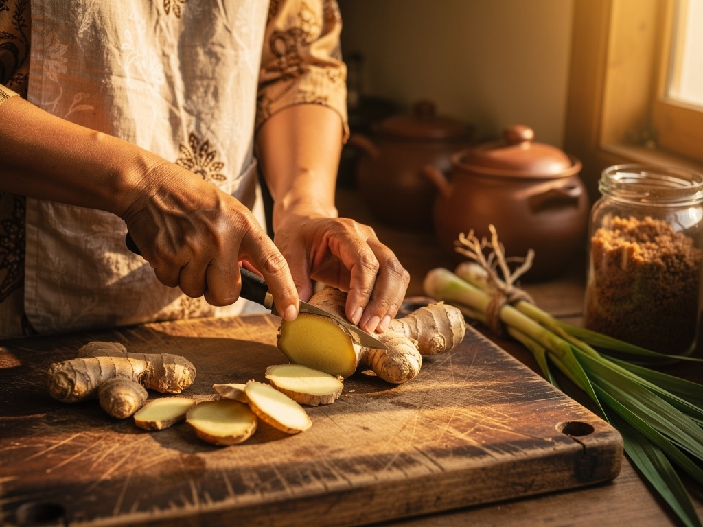 An Indonesian woman's hands slicing fresh ginger root on a wooden board in a home kitchen, with traditional clay pots and fresh ingredients visible in the background