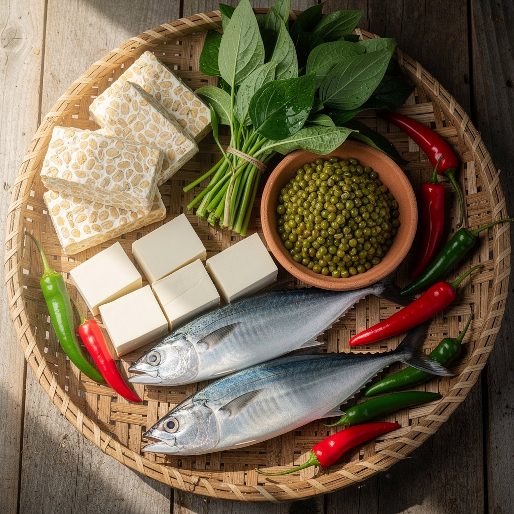 A vibrant spread of fresh Indonesian local ingredients including tempeh, vegetables, and spices on a market table