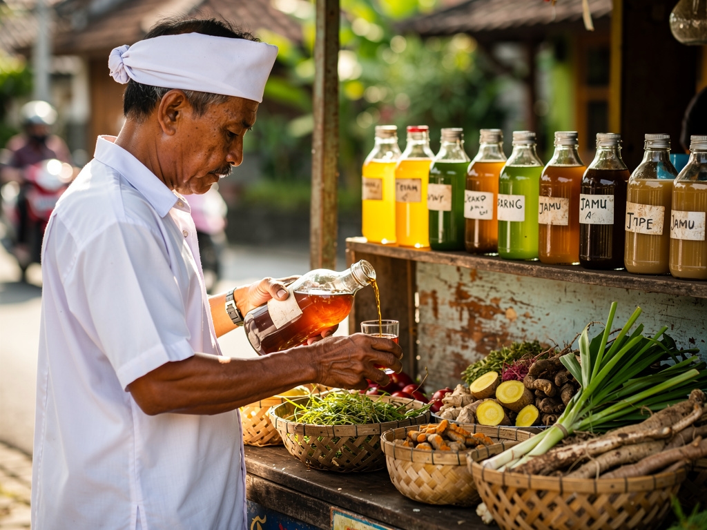 A traditional Jamu vendor in Bali pouring freshly prepared herbal blend from a bottle into a small glass, surrounded by colourful bottles and fresh roots at a roadside stall