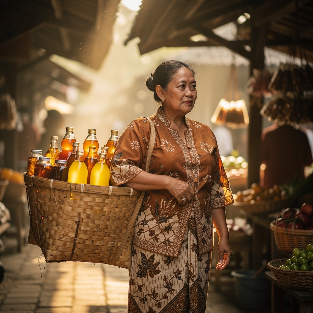 A Jamu vendor in Java carefully preparing fresh herbal blends in the early morning light