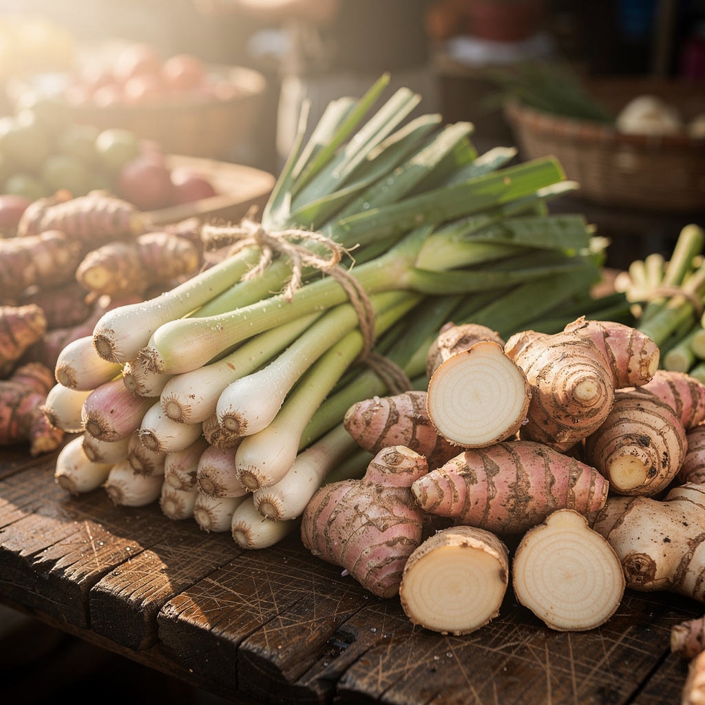 Bundles of fresh lemongrass and galangal root arranged on a rustic wooden market stall surface, with morning light casting warm shadows across the herbs