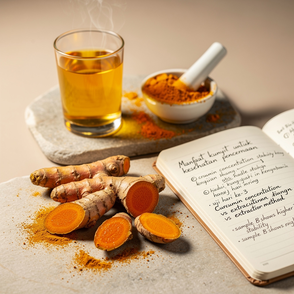 Close-up of freshly cut turmeric roots showing the deep orange interior, with handwritten research notes and a glass of golden turmeric preparation
