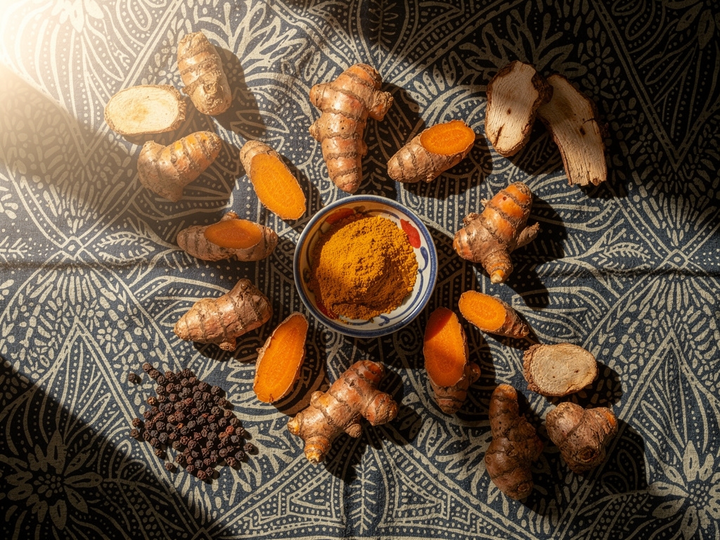 Fresh turmeric roots arranged on traditional Javanese batik fabric, representing the intersection of culture and plant knowledge